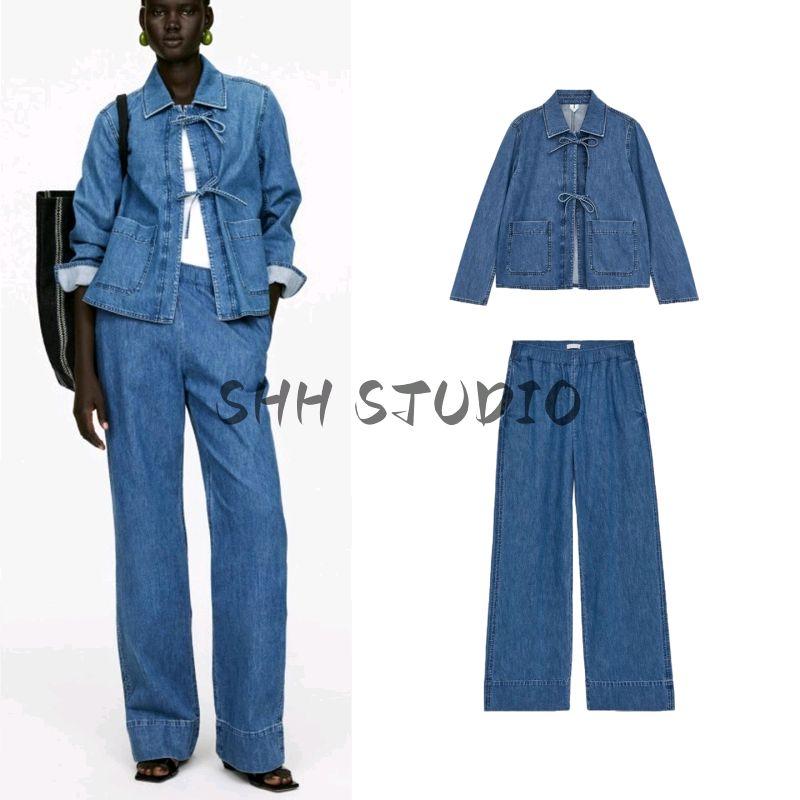 Fall Loose Lace-up Denim Jacket Coat 1268488 Mid Waist Straight-Leg Wide-Leg Pants 1268300