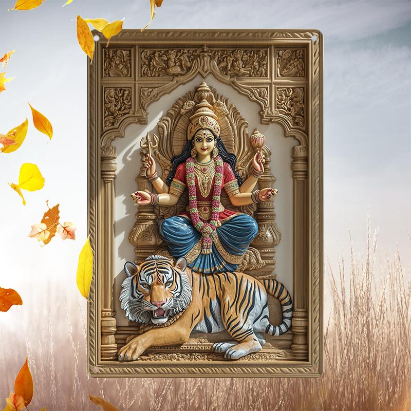 Aluminum Metal Wall Art Hindu Goddess Durga Tiger Spiritual Decor 20x30cm(7.8x11.8inch)