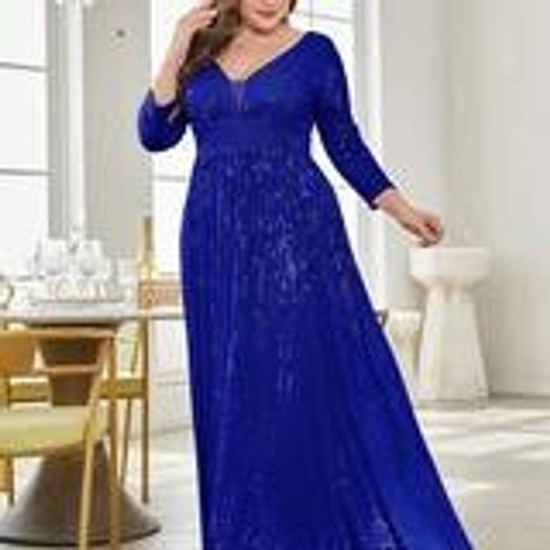 New Plus-Size Evening Dress with Sequins and Long Sleeves, Birthday Gown, Banquet Party Dress