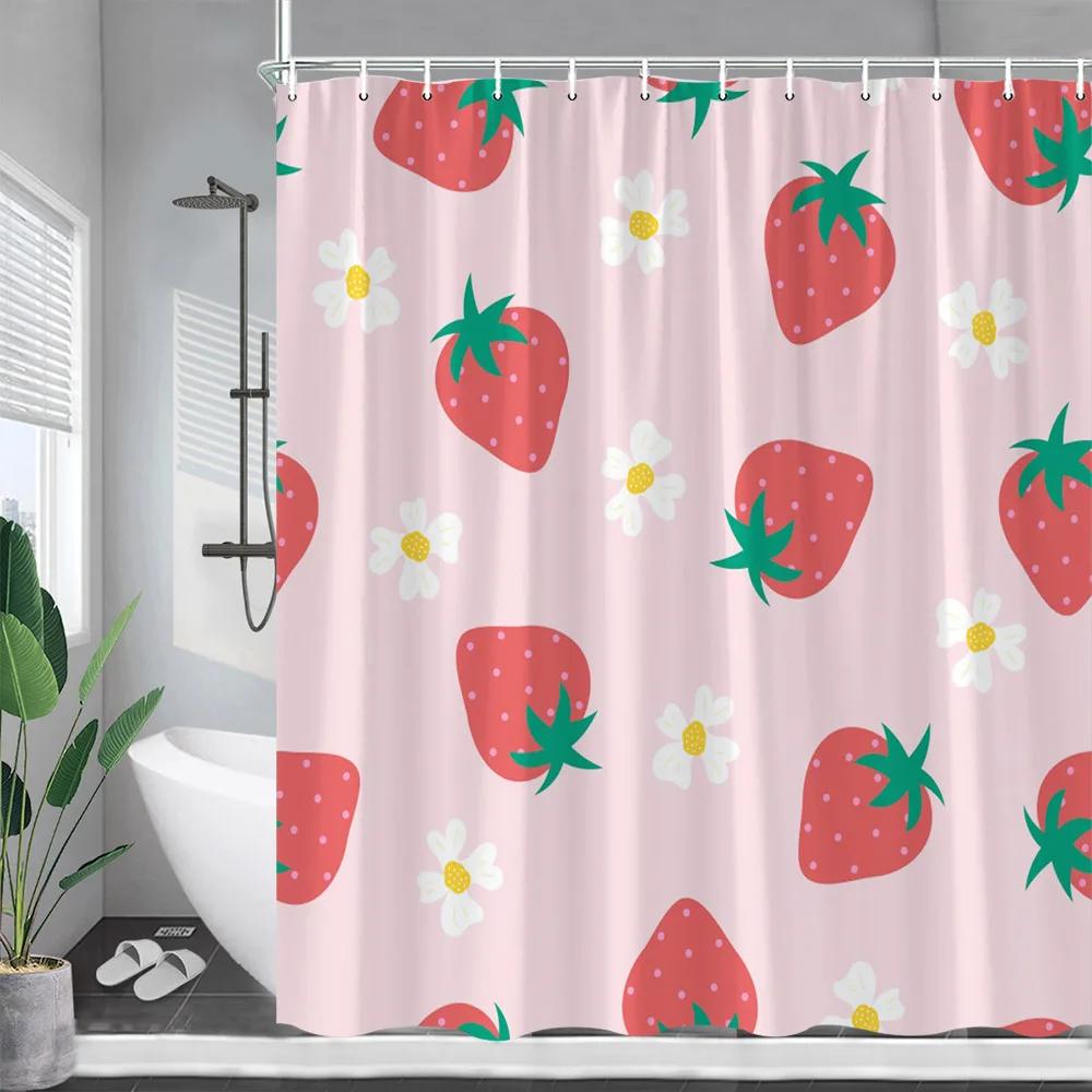 Cartoons Fruit Cherry Shower Curtain Cherries Green Leaf Printing Curtains Waterproof Polyester Bathroom Decor Wall Decoration