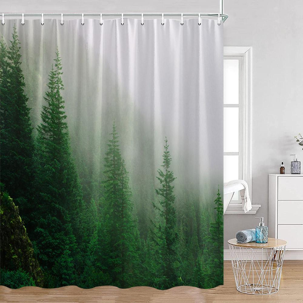 Misty Pine Forest Shower Curtains Rustic Nature Forest Green Pine Trees Fantasy Woodland Bath Curtain Modern Home Decor for Bath