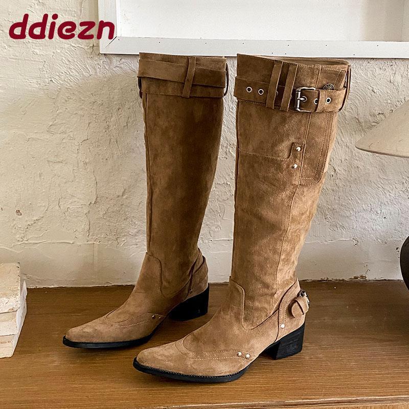 Fashion New Fashion Pointed Toe Modern Ladies Knee High Boots With Heels Shoes Female Buckle Footwear Women Western Long Booties Shoes