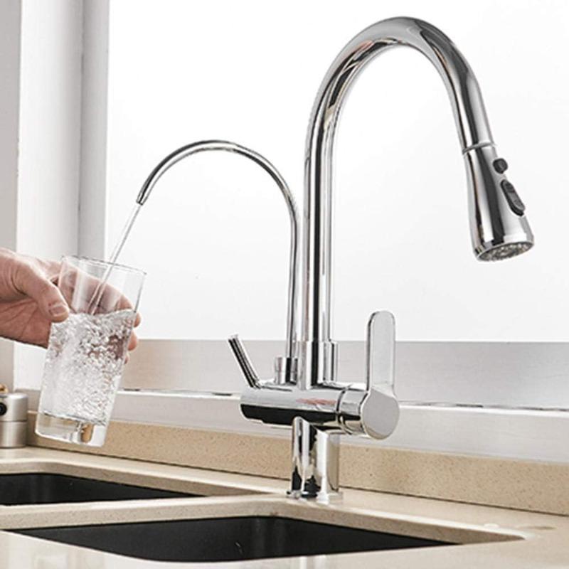 3-Way Faucet with Pull-Out Sprayer & Filtered Water Outlet, Stainless Steel Dual-Handle Kitchen Faucet, 360° Swivel – Drinking Water