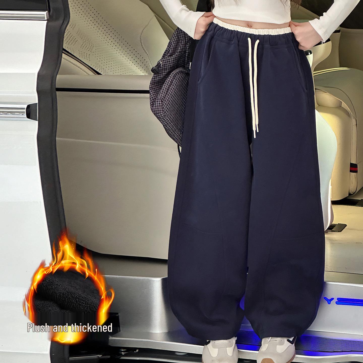 

Девичьи широкие спортивные брюки на флисовой подкладке 2025: Плотные, теплые повседневные брюки для больших детей на осень и зиму 130 cm темно-синий