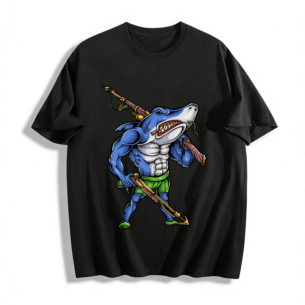 

Muscular Shark Hunter Print T-shirt Trendy Ocean Themed Top Pure cotton T-shirt XXS