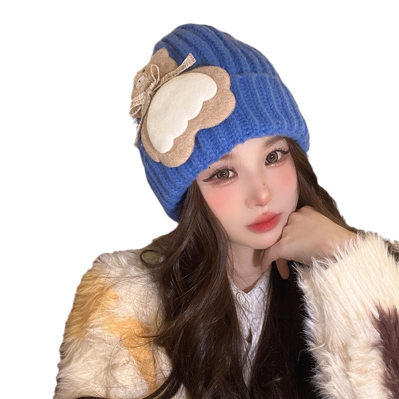 New Autumn and Winter Hat for Women's Bear Patch Wool Hat Korean Version of Versatile Warm Ear Protection Cute Knitted Hat Trendy