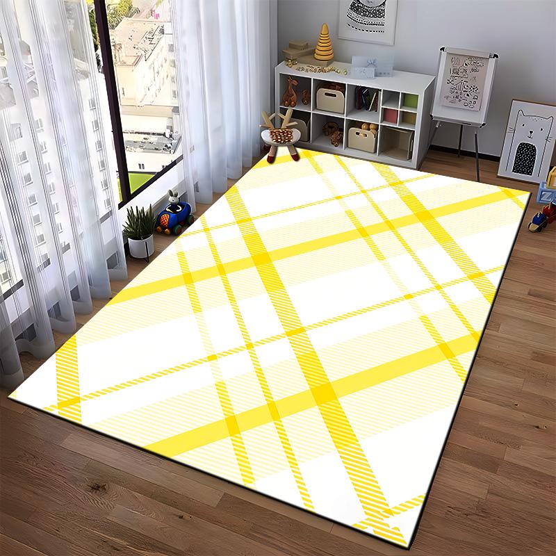 Yellow and White Plaid Pattern Printed Carpet for Modern Living Rooms Suitable for use as an anti-slip for living room bedroom sofas