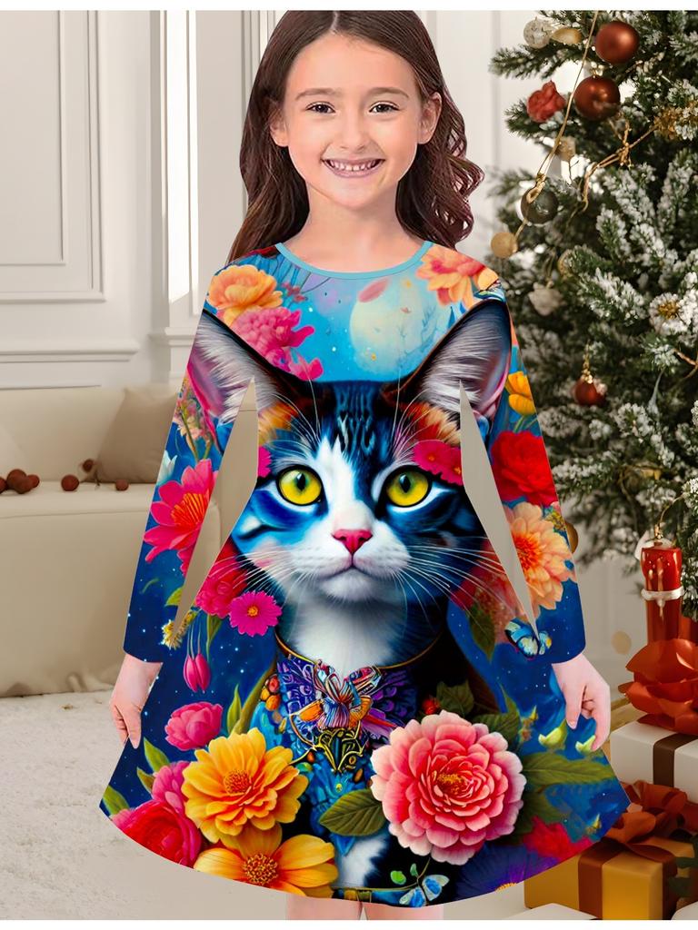 Kız Çocuk Sonbahar ve Kış Moda Elbise, 3D Kedi Baskılı Yuvarlak Yaka Uzun Çocuk Tişört Elbise, Günlük Çok Yönlü, Noel Giysileri