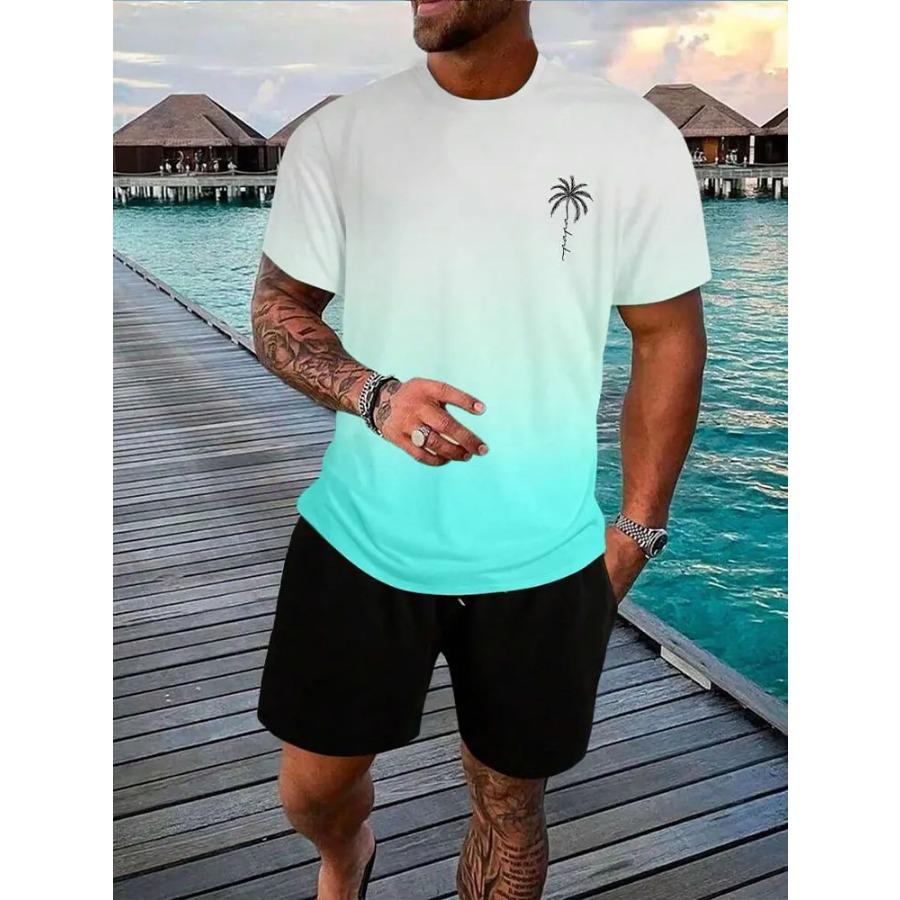 Gradient Print Men's Short Sleeve Shorts Set Hawaiian Men's Fashion Set Summer Men's Casual T-shirt Outdoor Beach Men's Shorts