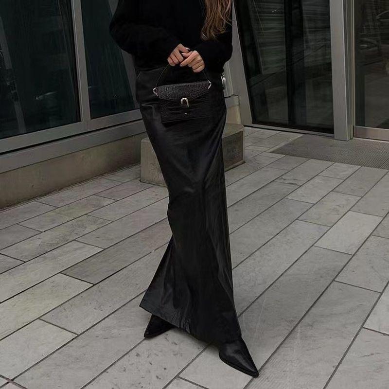 

Fashion Wind Black Skirt Split PU Leather Skirt Mermaid Dress High Waisted Split Pu Skirt Black S