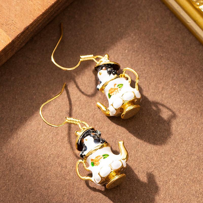 European and American fashion exquisite oil drop enamel glaze teacup chipmunk earrings women's high sense versatile personalized earrings