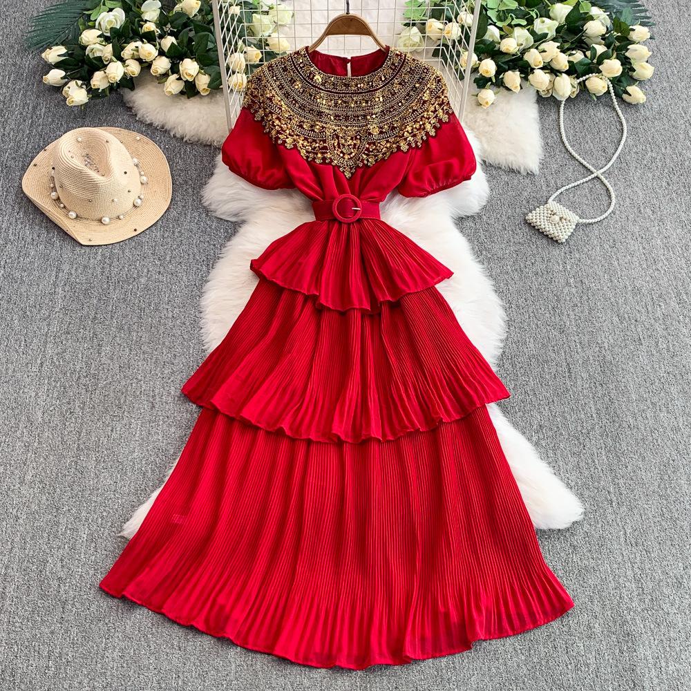 

Женское ретро-платье с круглым вырезом, короткими рукавами, блестками и бусинами. Летнее платье с защипами на талии и утягивающими складками. One Size красный