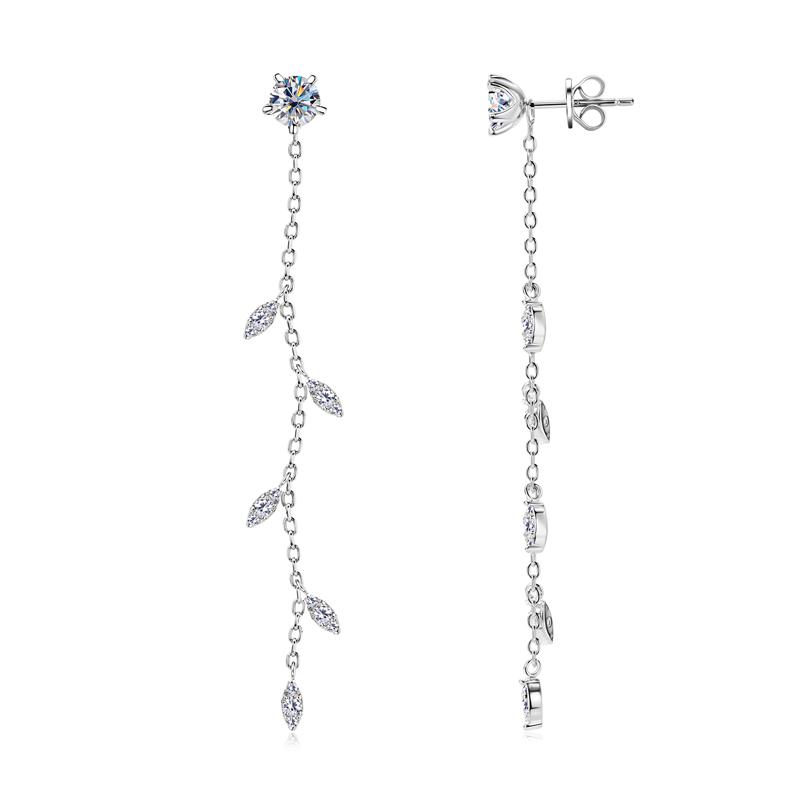Wedding Jewelry Korean Real Moissanite Long Drop Stud Earrings Silver 925 Leaf-Shape Dangle Earrings Jewelry for Woman
