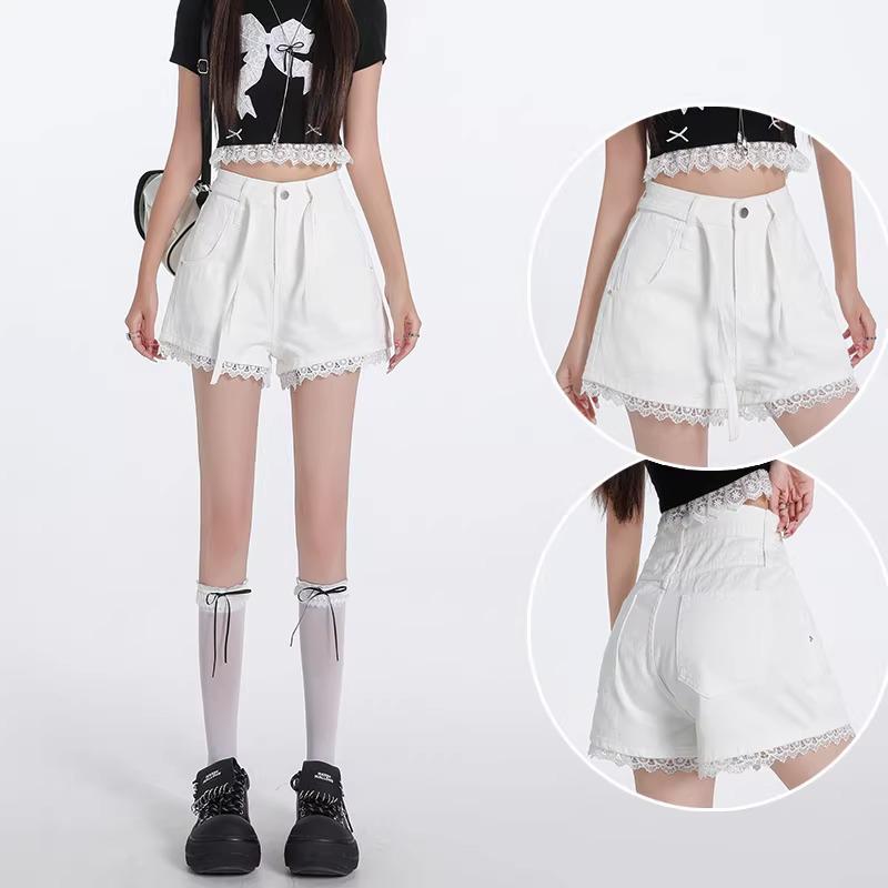 Plus Size Lace Trim High-Waist Denim Shorts - Women's Casual Loose A-Line Summer Pants
