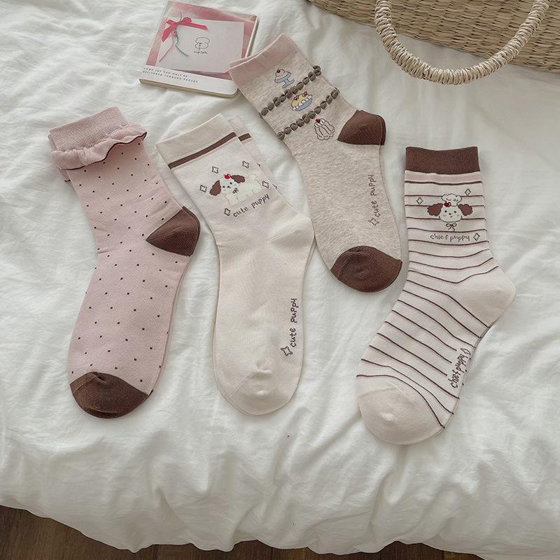 Spring and Summer Cartoon Cute Socks - Children's Mid-Calf Socks with Dog Pattern - Student Fall Capri Socks