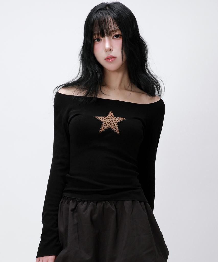 LIKE THE MOST Leopard Star Applique Long Sleeve Top T-Shirt_Black