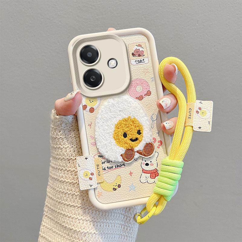 KEYSION Cartoon Cute Plush Embroidery Case for OPPO A5i with Lanyard Silicone Shockproof Phone Back Cover for OPPO A5i