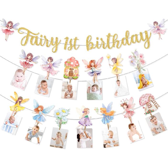 Fairy First Birthday Decorations, Fairy 1st Birthday Glitter Banner, Monthly Photo Banner, 1st Photo Banners for Party Decorations