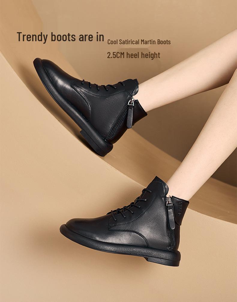 2025 Autumn Vintage Leather Women's Martin Boots with Dual Zippers - Korean Style, Flat Bottom Casual Shoes