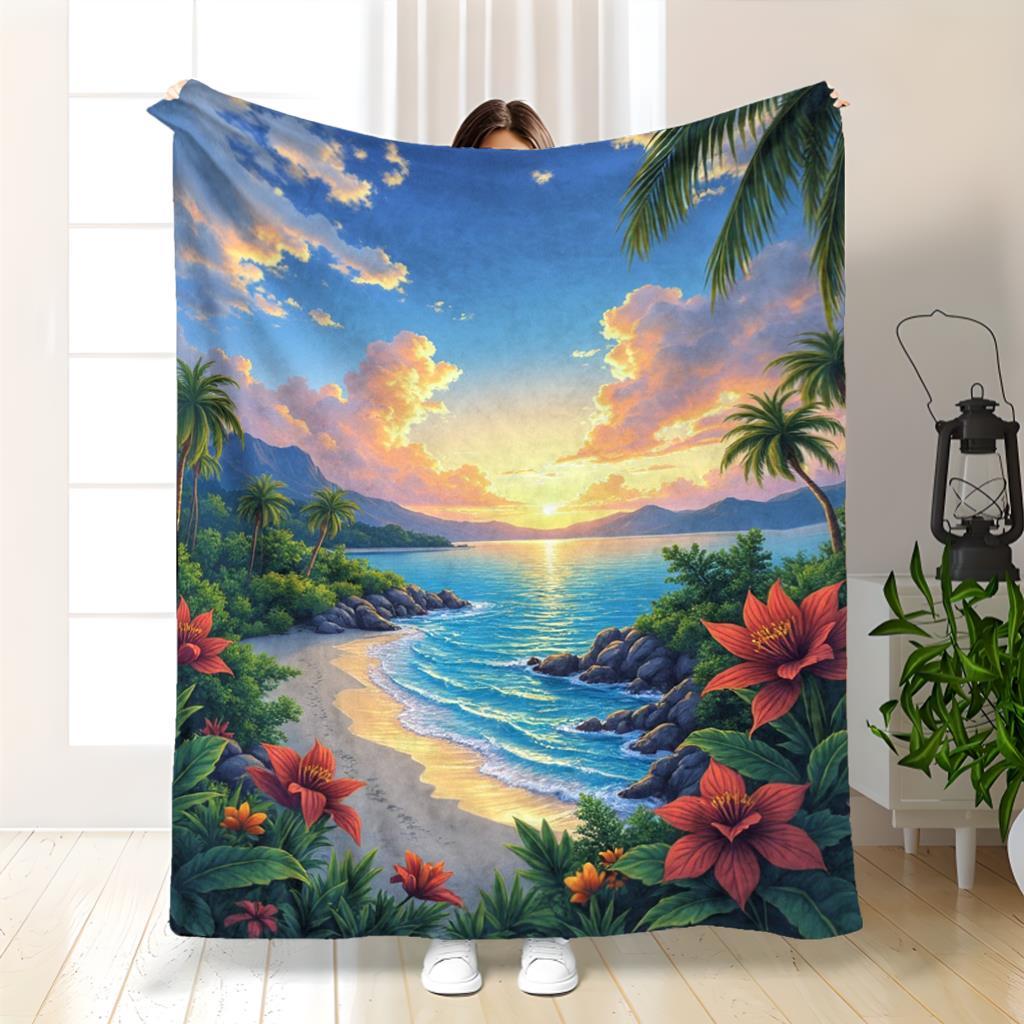 Бирюзовое Океанское одеяло - Легкий прибрежный плед с тропическим пляжем 70x100cm