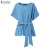 ZANZEA Women Casual Round Neck Loose Solid Color Short Sleeve Blouse
