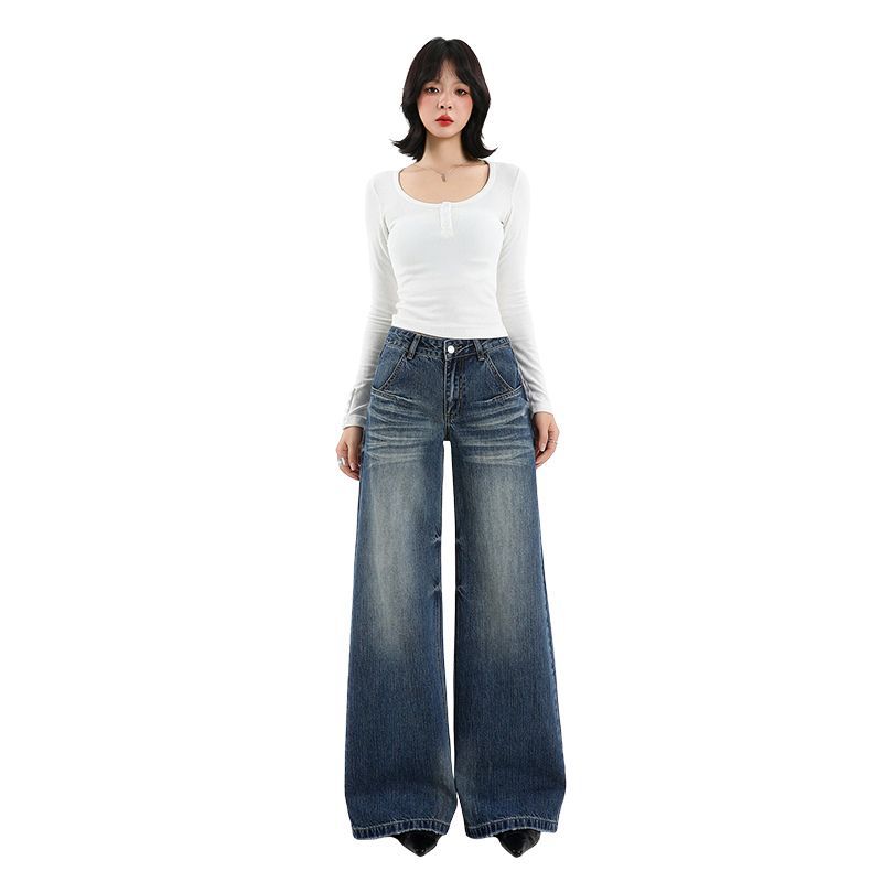 Retro bamboo pattern wide-leg jeans for women's autumn new Spice Girls loose and not close to the legs, washed straight trousers