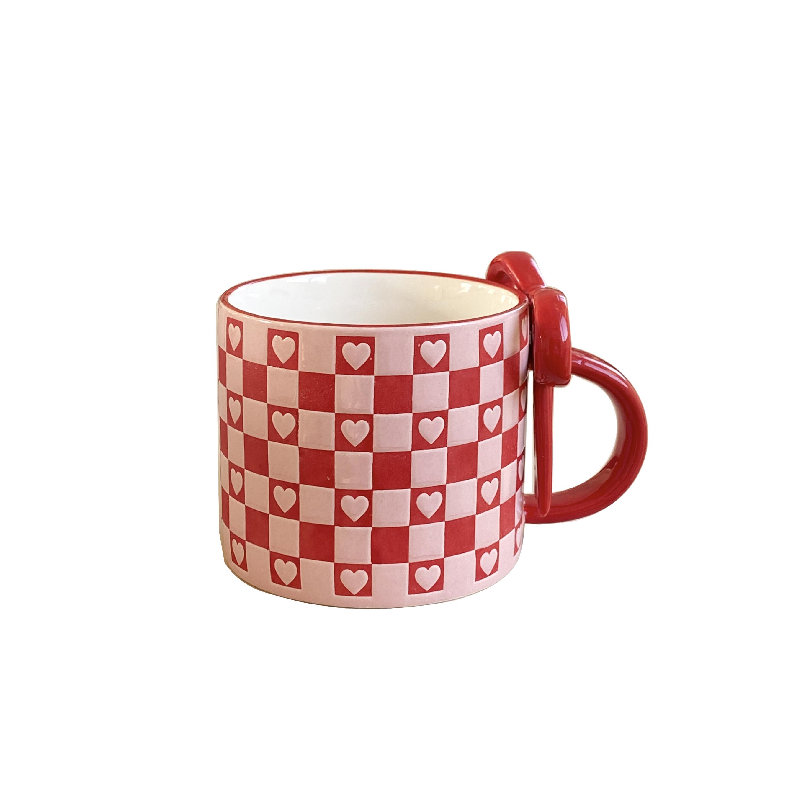 

1Pc Bow Handle Heart Ceramic Mug, Creative Bow Handle Design Checkerboard Pattern Mug Coffee Cup, Suitable for Home Decoration 301-400ml красный