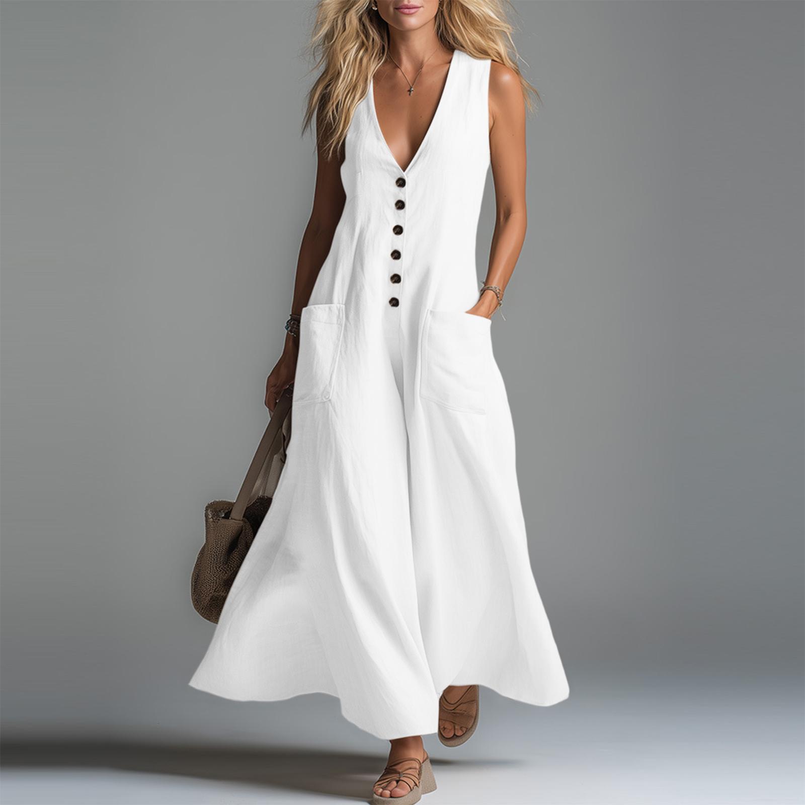 

Women s Dress Casual Flowy Dresses R-neck Vocation Boho Beach Sundress XXL білий