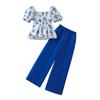 Módní modrá souprava pro dívky: Jarní/Letní Dětský Elegantní Top a Široké Kalhoty Dvoudílná Sada