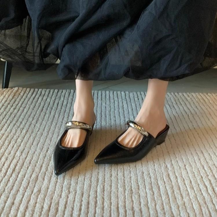 Sheepskin Version~ Black Bag Head Half Slippers Women's Outer Wear Temperament Niche Pointed Metal Word with Wedge Heel Muller Shoes