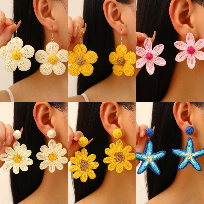 Summer Flower Starfish Dangle Earrings Women Handmade Raffia Dopamine Vacation Style Exaggerated Boho Beach Accessories