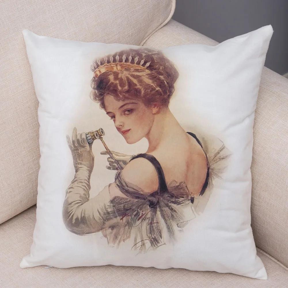 European Lady Cushion Cover Decor Vintage Style Elegant Women Print Pillowcase for Sofa Home Car Soft Plush Pillow Case 45x45cm
