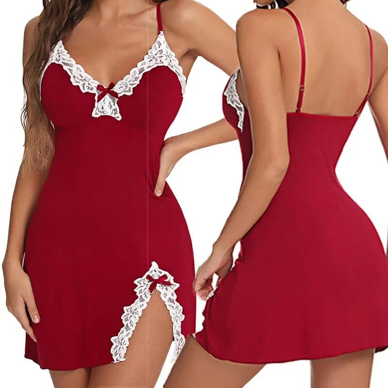 Sexy Nattøy Kvinner Blonder Silke Satin V-Hals Nattkjole Splitt Kant Mykt Undertøy Nattkjole Ermeløst Nattøy Dameklær