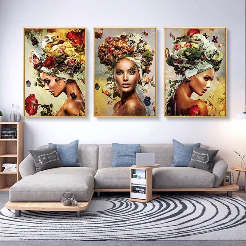 Abstrakte Frauen mit Blumengemälde auf Leinwand, moderne Schönheitsmädchen-Poster, Wandkunst für Bedeoom, Wohnzimmer, Dekoration, Cuadros