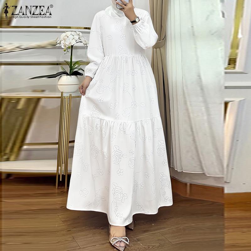 ZANZEA Women Vintage Print Casual Round Neck Long Sleeve Loose Dress