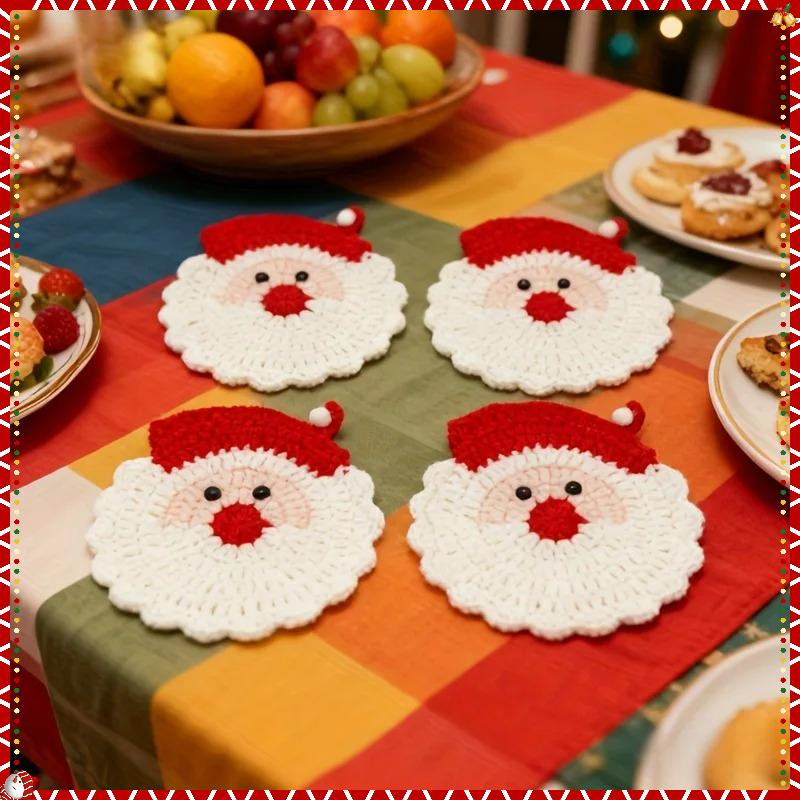 Handmade Crochet Santa Claus Coasters Set Of 4, Durable Fabric Drink Coasters Trays, Festive Table Decor,Unique Christmas Gift