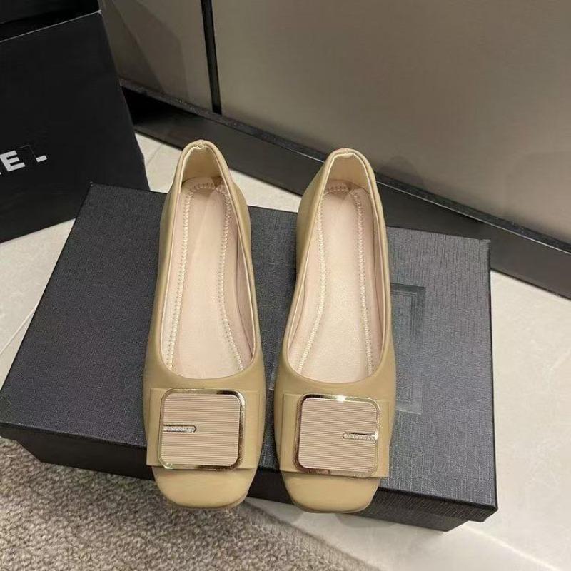 Shallow single shoes women's spring and summer new one-pedal soft-soled four-season women's shoes round head gold square buckle Doudou shoes women
