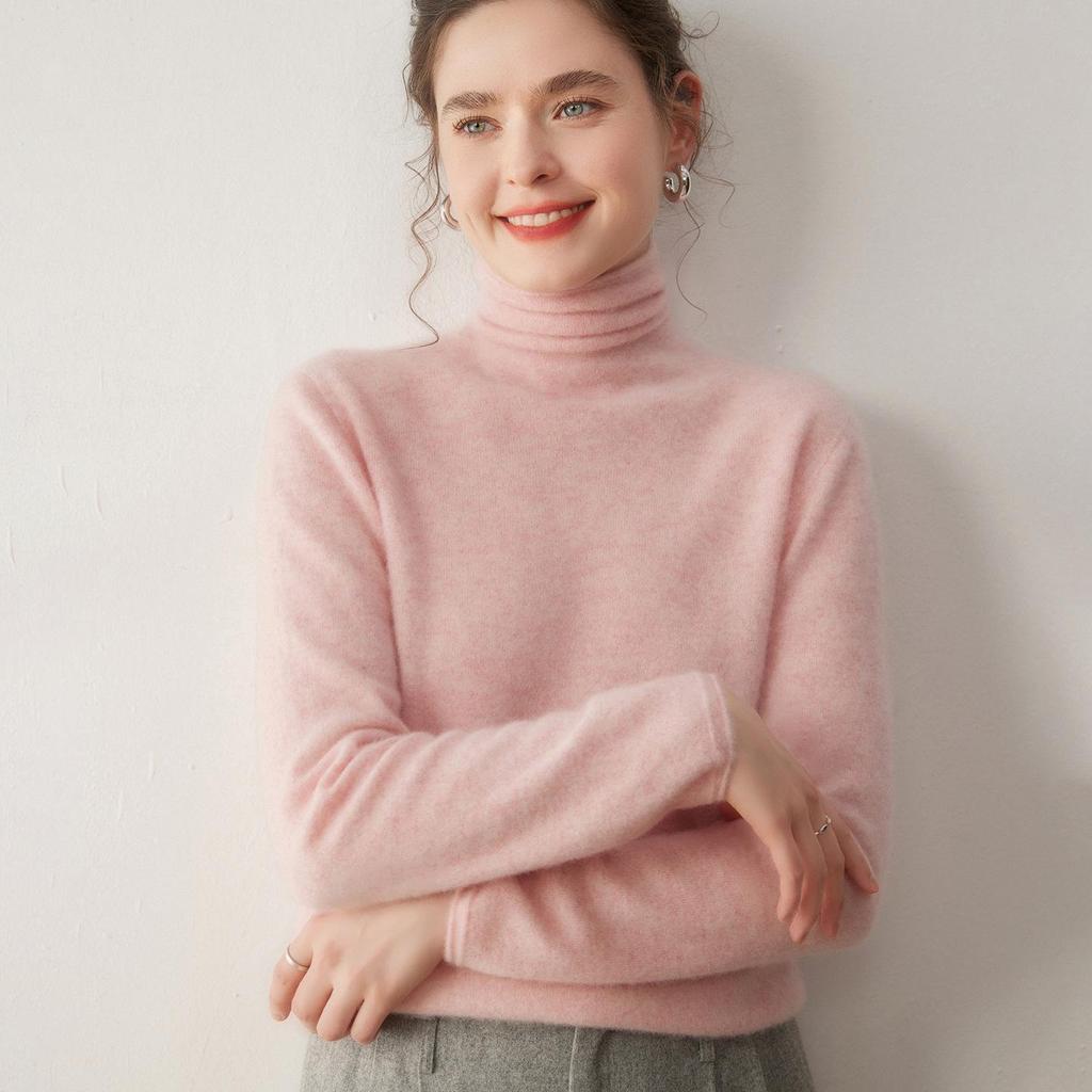 Women's High-Neck Cashmere Sweater - Solid Color, Slouchy, Winter Base Layer