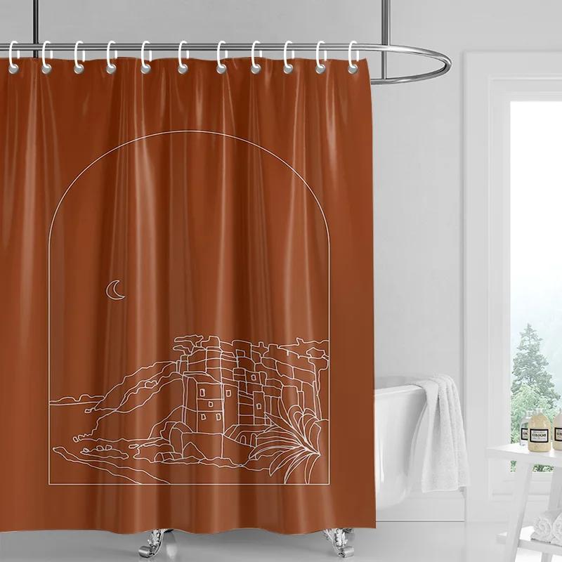 

Botanical Shower Curtain Green White Line Art - Waterproof Modern Bathroom Decor With Hanging Rings W60H190(CM)-1 Pcs