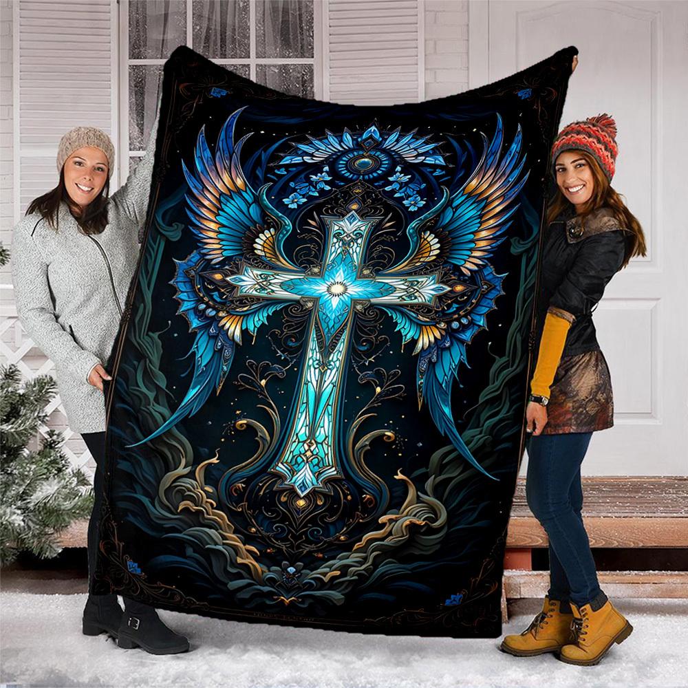 1pc Cross Ornament Throw Blanket Polyester Fiber, Lightweight Flannel, Soft & Warm, All Season Use for Outdoor, Camping Digital Print