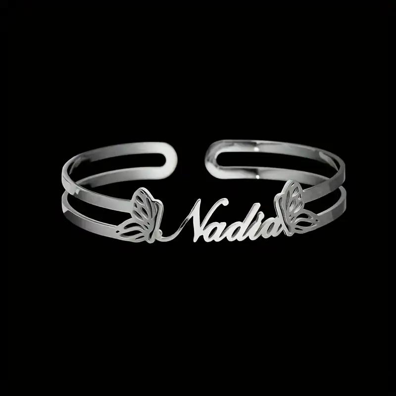 

Personalized Custom Two Butterfly With Name Open Cuff Bracelet Women Summer Waterproof Gold Color Stainless Steel Hand Jewelry 58-60mm