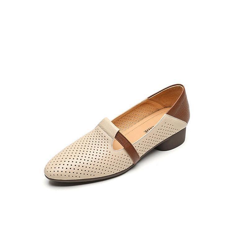 French Color Matching Soft Leather Low-heeled Single Shoes Women's 2025 Summer New Non-slip Light-mouth Hole Shoes One-pedal Small Leather Shoes