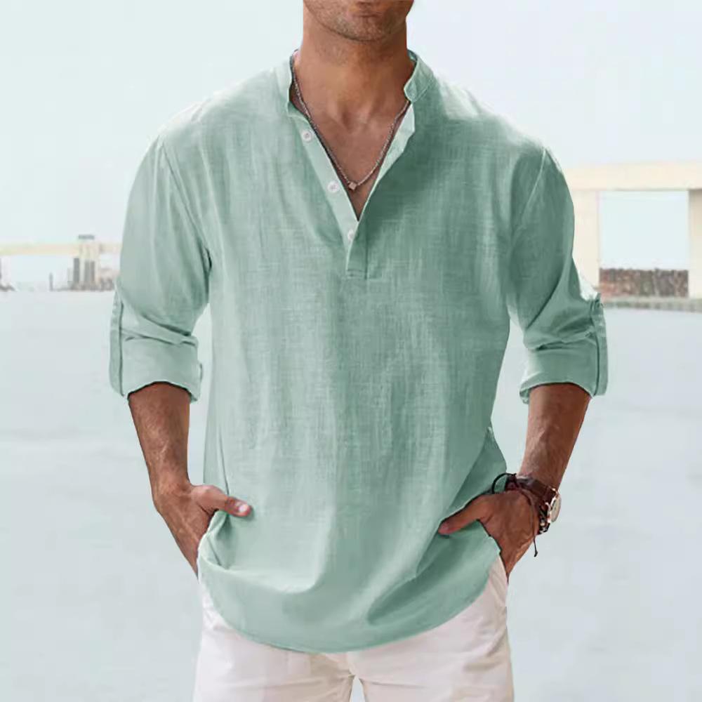 Men's Linen Stand Collar Long Sleeve T-shirt Loose Sweatshirt Solid Color Long Sleeve Cotton Linen Shirt Men