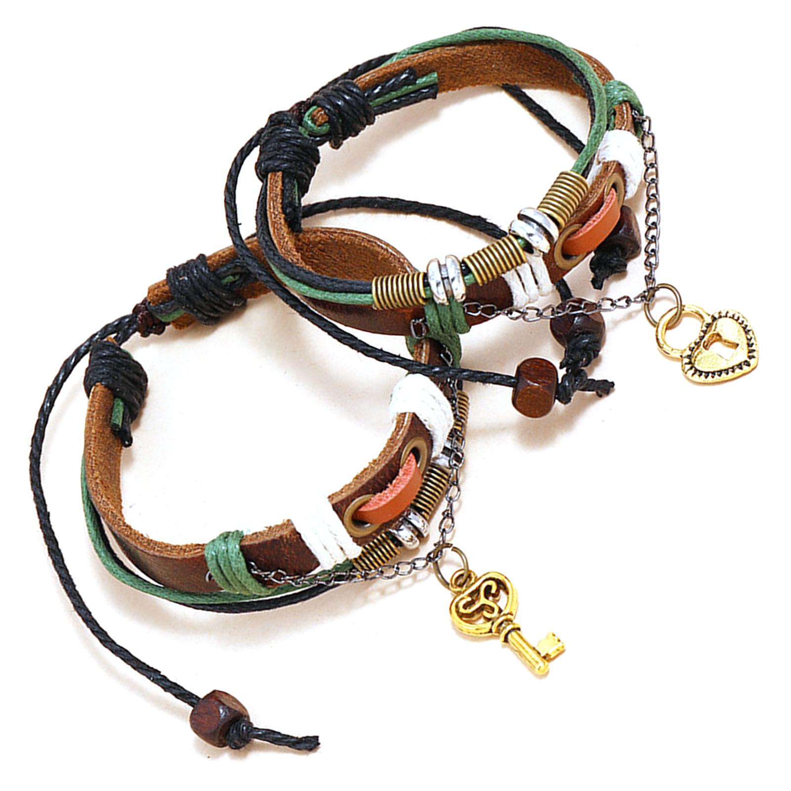 

1 Pair Cowhide Leather Couple Bracelet Men Women Brown Retro Adjustable Braided Bracelet for Dating Party