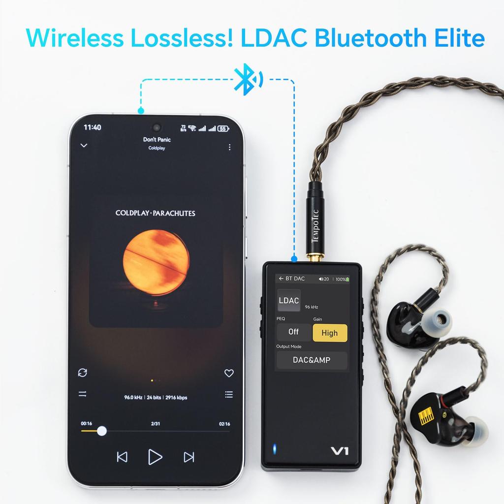 TempoTec Variations V1 Portable HiFi Music Player, Two-Way Bluetooth 5.1 Digital Audio Player with 4.4mm & 3.5mm Headphone Jacks and Black Back Clip