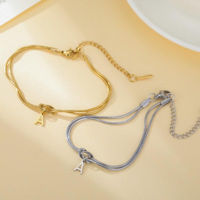 Stainless Steel 26-Letter Bracelet & Anklet with Double-Layer Knotted Snake Bone Chain