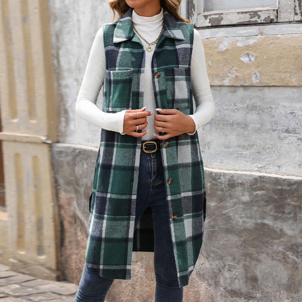 2025 Autumn Vintage British Style Lapel Long Plaid Coat Vest for Office Casual Commute - Women's Fashion Outerwear