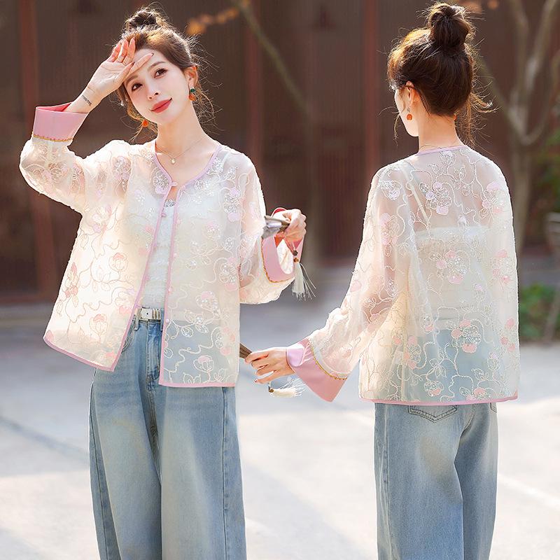 

Женская куртка с вышивкой, круглый вырез, весна/лето 2025 L 55-60kg розовый