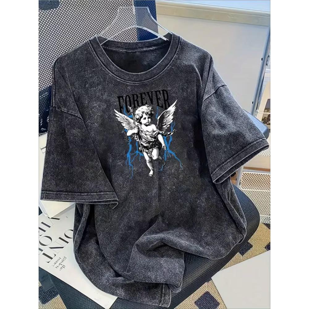 Washed Cotton Vintage Angel Print T-Shirt Retro Cherub Graphic Tee Loose Short Sleeve for Streetwear Daily Wear