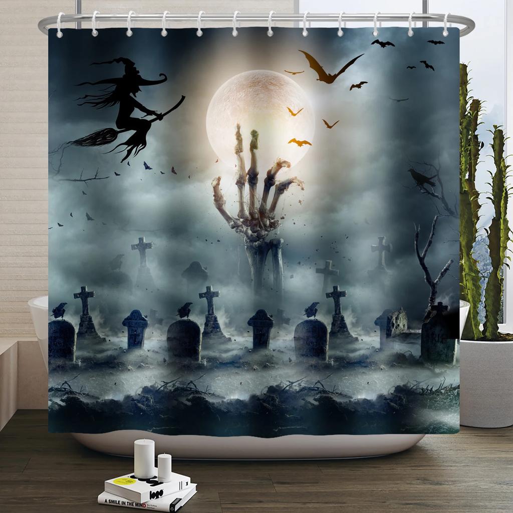 Halloween Duschvorhang Horror Mondnacht Kürbis Schädel Skelett Gruseliges Schloss Hexe Geist Friedhof Wasserdicht Badezimmervorhänge